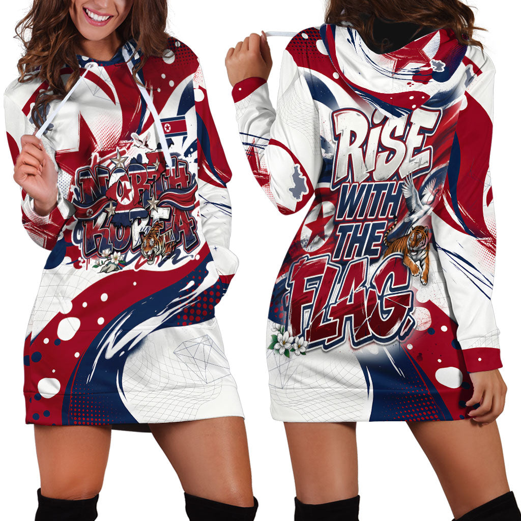 North Korea Flag Day Rise With The Flag Hoodie Dress Dynamic Red Star Paint Splatter With Tiger