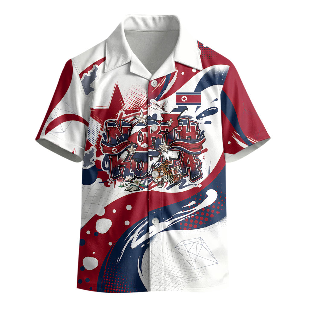 North Korea Flag Day Rise With The Flag Kid Hawaiian Shirt Dynamic Red Star Paint Splatter With Tiger