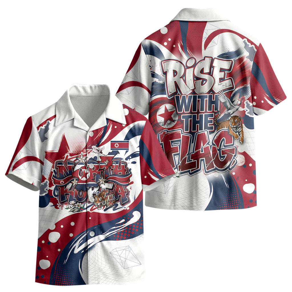 North Korea Flag Day Rise With The Flag Kid Hawaiian Shirt Dynamic Red Star Paint Splatter With Tiger