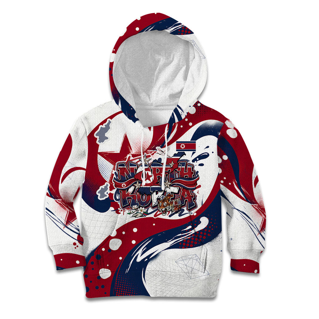 North Korea Flag Day Rise With The Flag Kid Hoodie Dynamic Red Star Paint Splatter With Tiger