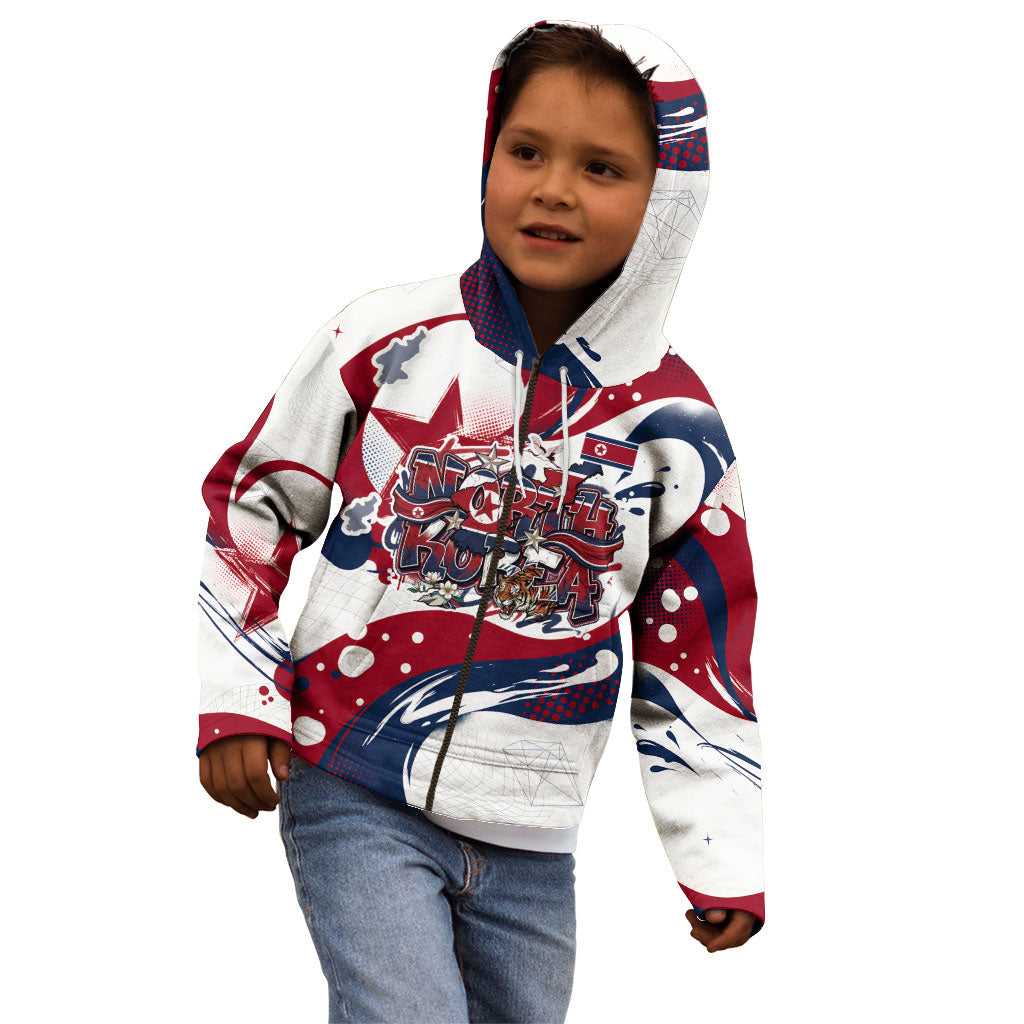 North Korea Flag Day Rise With The Flag Kid Hoodie Dynamic Red Star Paint Splatter With Tiger