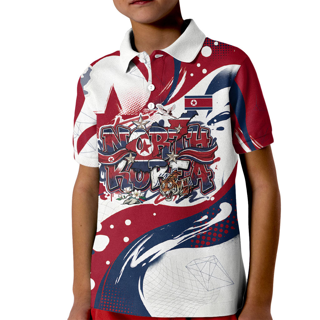 North Korea Flag Day Rise With The Flag Kid Polo Shirt Dynamic Red Star Paint Splatter With Tiger