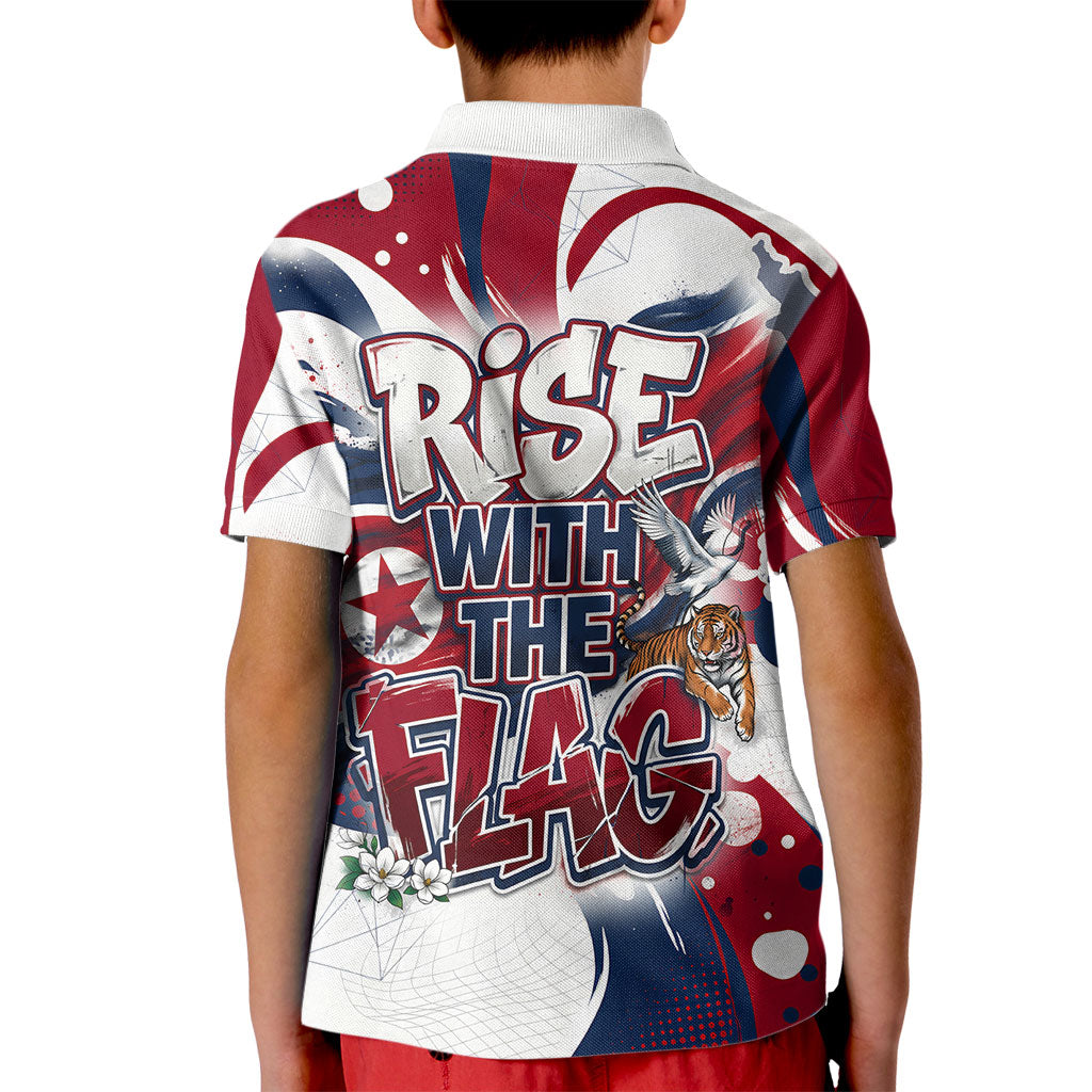 North Korea Flag Day Rise With The Flag Kid Polo Shirt Dynamic Red Star Paint Splatter With Tiger