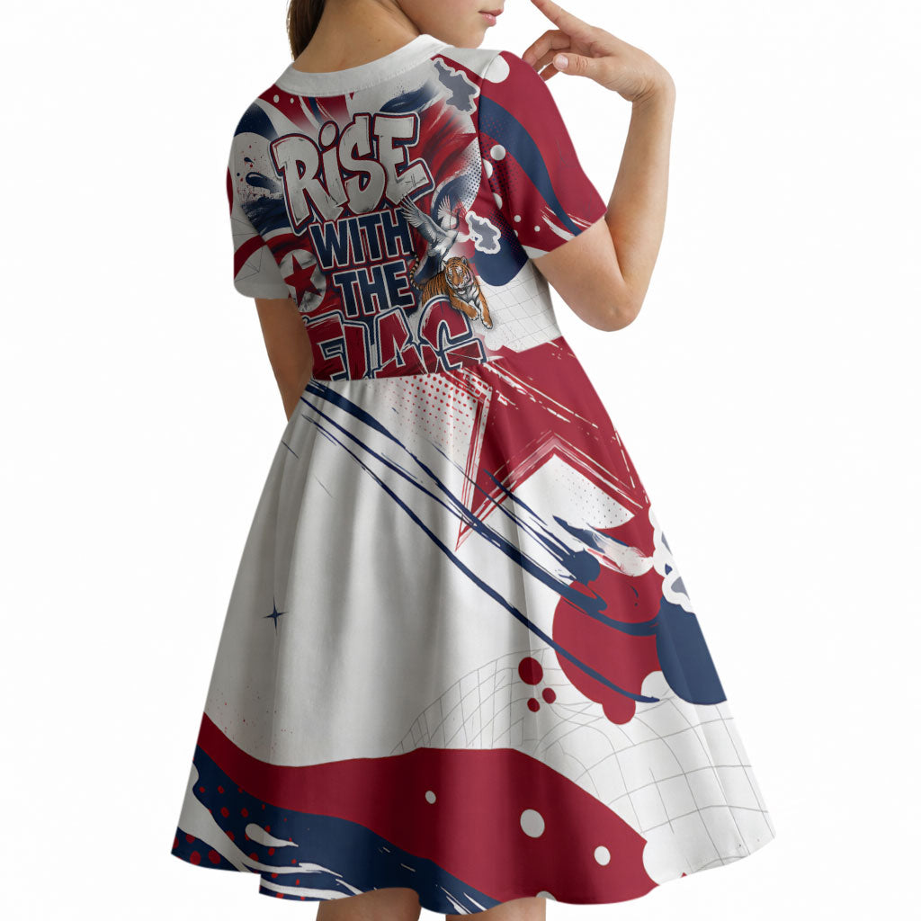 North Korea Flag Day Rise With The Flag Kid Short Sleeve Dress Dynamic Red Star Paint Splatter With Tiger