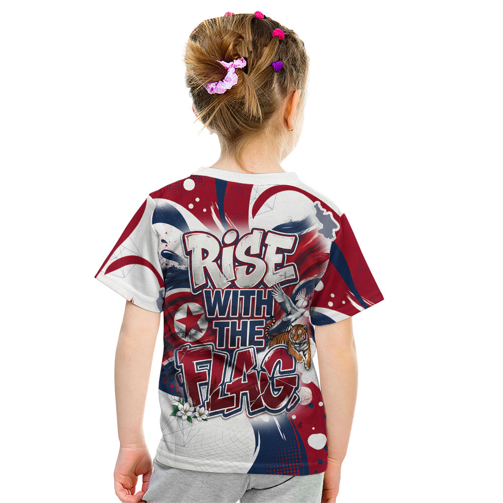 North Korea Flag Day Rise With The Flag Kid T Shirt Dynamic Red Star Paint Splatter With Tiger