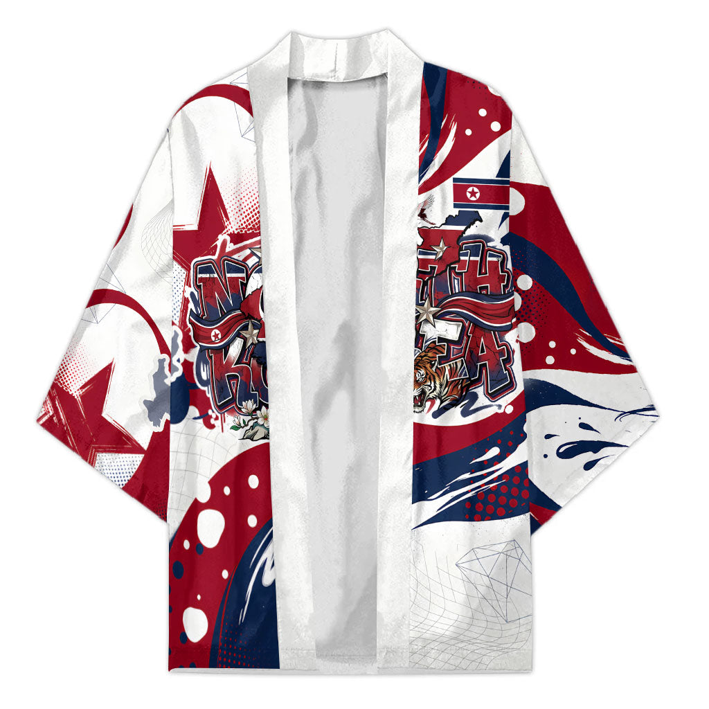 North Korea Flag Day Rise With The Flag Kimono Dynamic Red Star Paint Splatter With Tiger