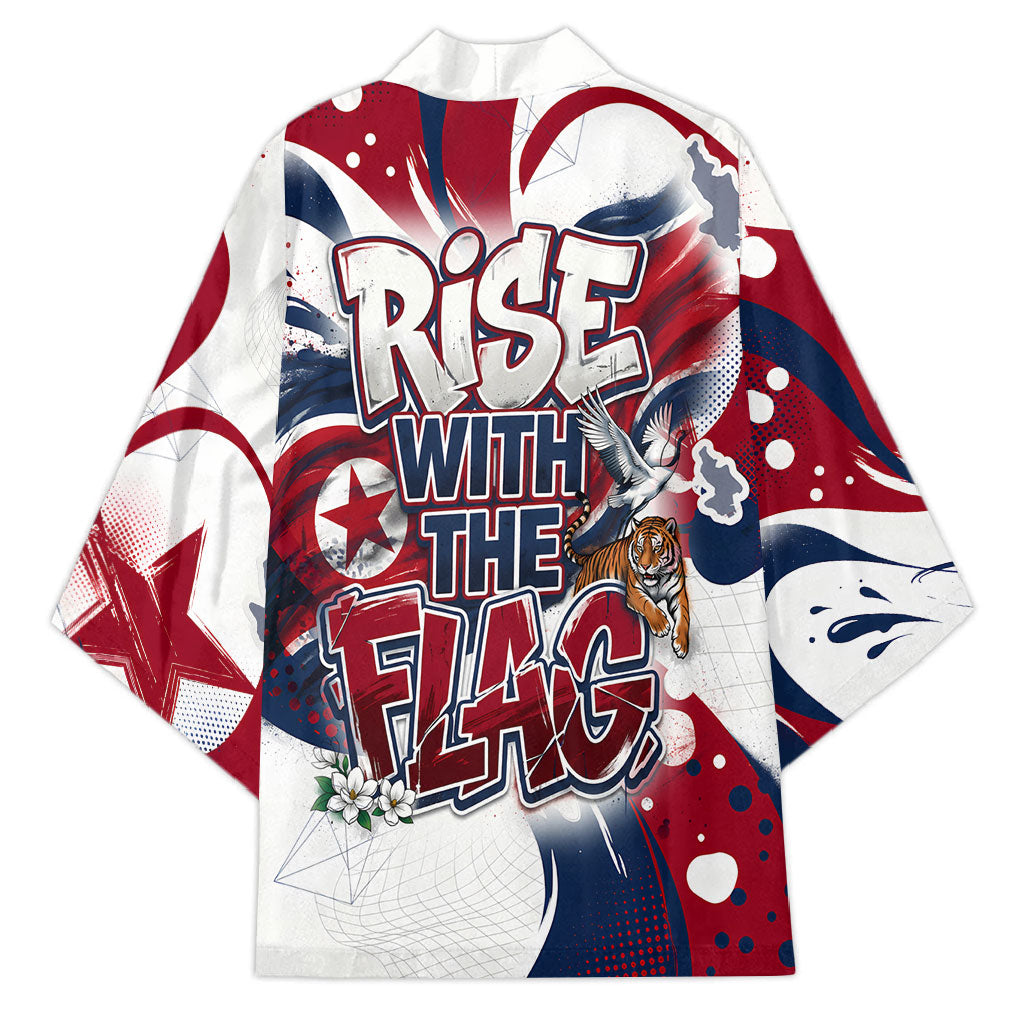 North Korea Flag Day Rise With The Flag Kimono Dynamic Red Star Paint Splatter With Tiger