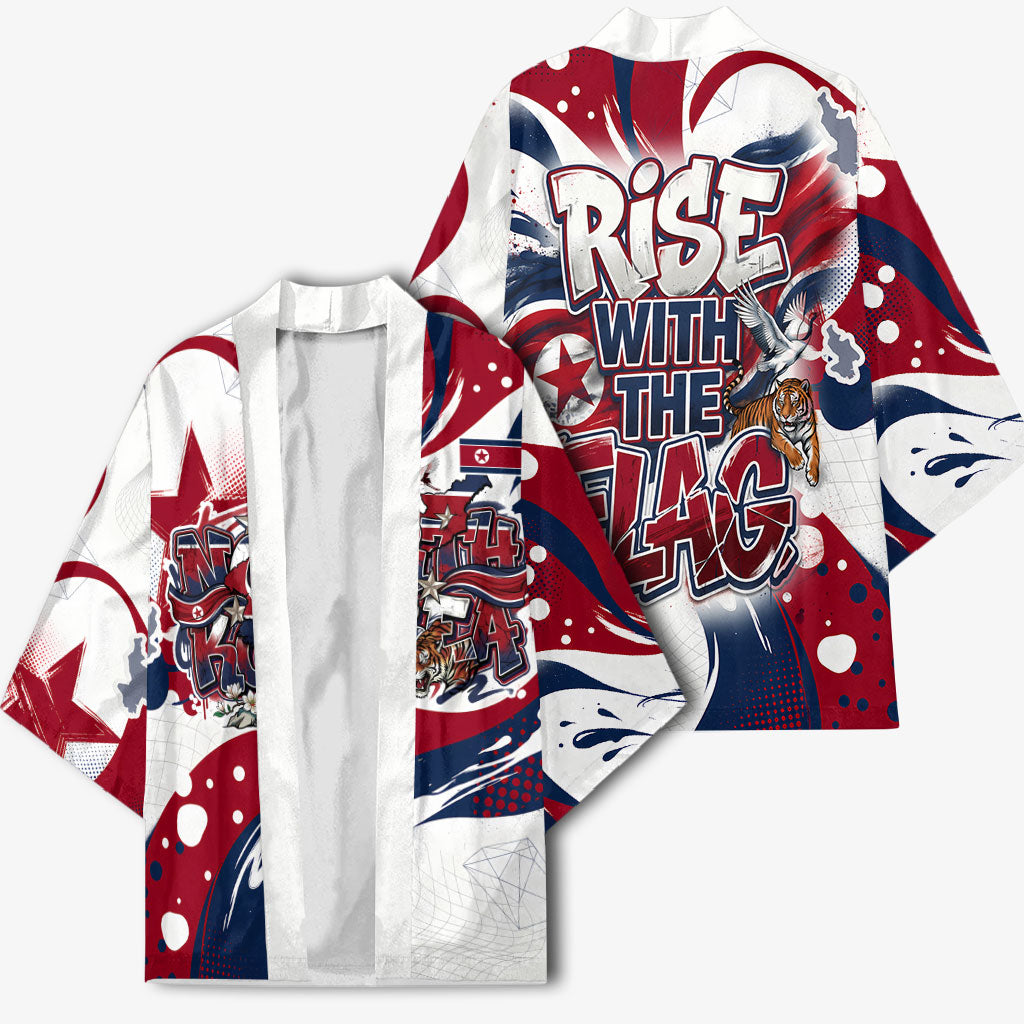 North Korea Flag Day Rise With The Flag Kimono Dynamic Red Star Paint Splatter With Tiger