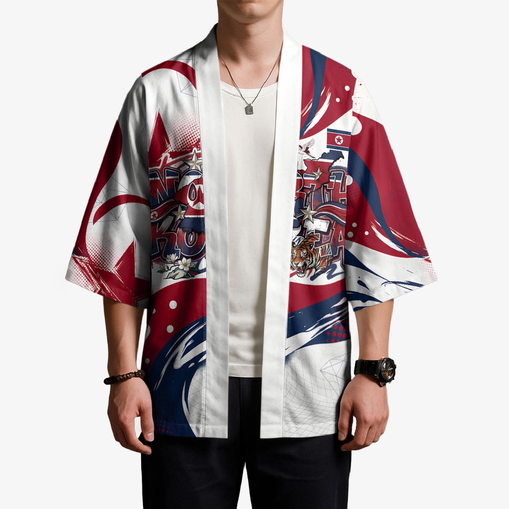 North Korea Flag Day Rise With The Flag Kimono Dynamic Red Star Paint Splatter With Tiger