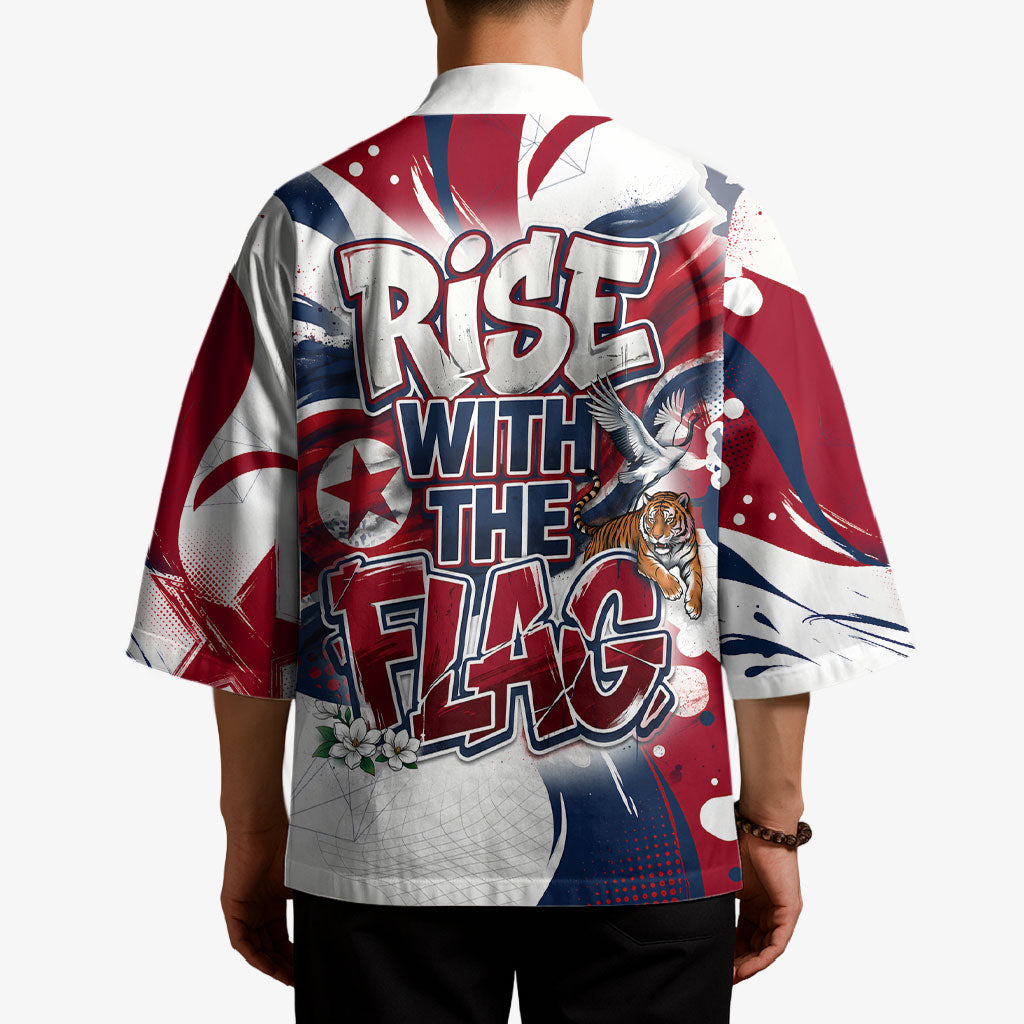 North Korea Flag Day Rise With The Flag Kimono Dynamic Red Star Paint Splatter With Tiger