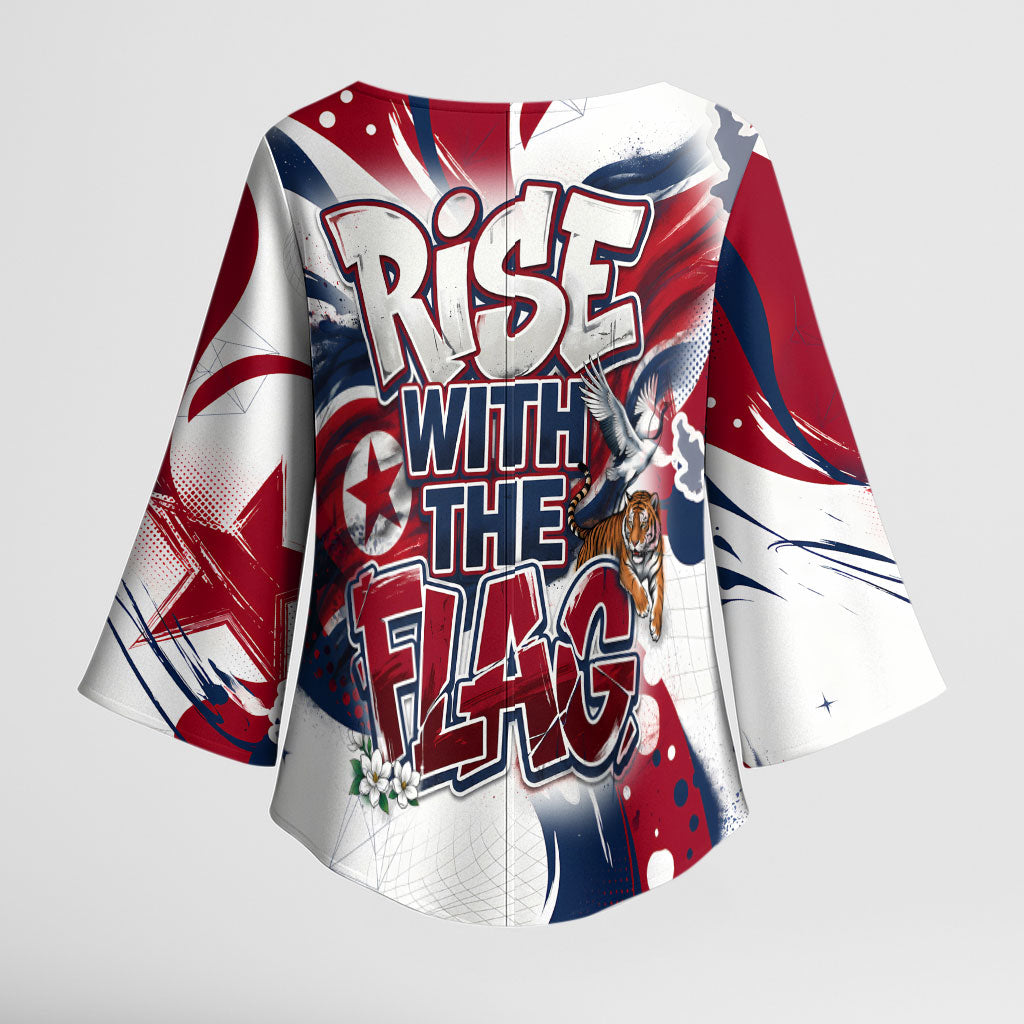 North Korea Flag Day Rise With The Flag Kimono Sleeve Blouse Dynamic Red Star Paint Splatter With Tiger