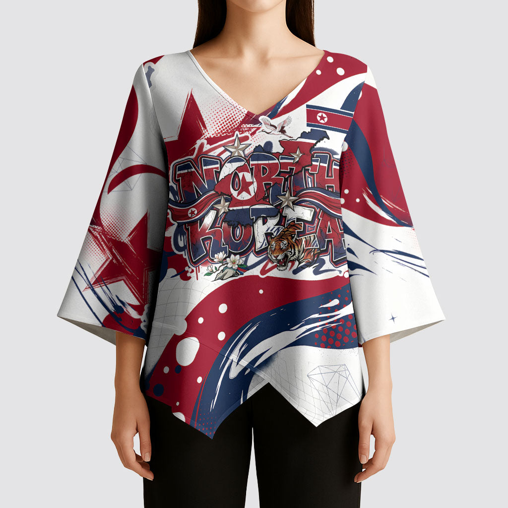 North Korea Flag Day Rise With The Flag Kimono Sleeve Blouse Dynamic Red Star Paint Splatter With Tiger