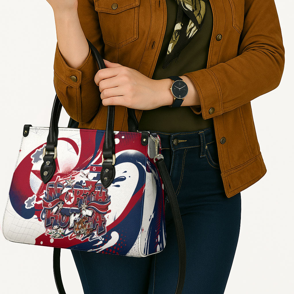 North Korea Flag Day Rise With The Flag Leather Bag Dynamic Red Star Paint Splatter With Tiger