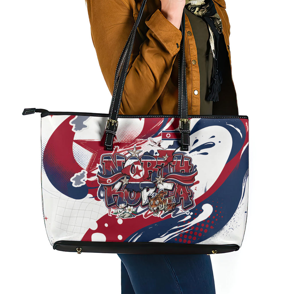 North Korea Flag Day Rise With The Flag Leather Tote Bag Dynamic Red Star Paint Splatter With Tiger