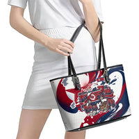 North Korea Flag Day Rise With The Flag Leather Tote Bag Dynamic Red Star Paint Splatter With Tiger