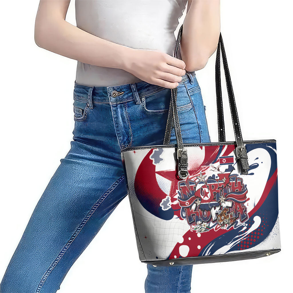 North Korea Flag Day Rise With The Flag Leather Tote Bag Dynamic Red Star Paint Splatter With Tiger