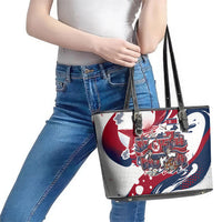 North Korea Flag Day Rise With The Flag Leather Tote Bag Dynamic Red Star Paint Splatter With Tiger