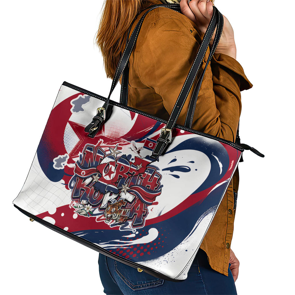 North Korea Flag Day Rise With The Flag Leather Tote Bag Dynamic Red Star Paint Splatter With Tiger