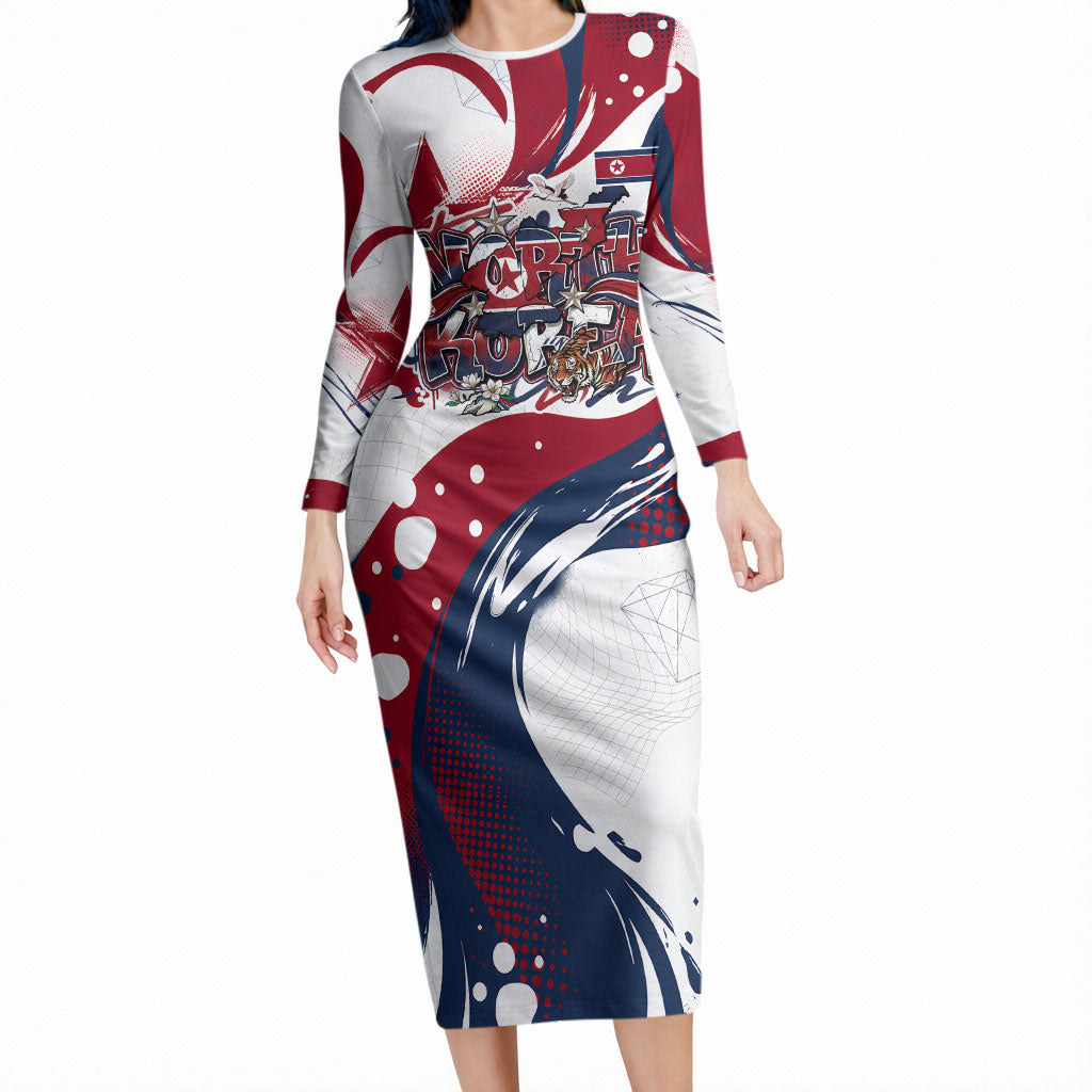 North Korea Flag Day Rise With The Flag Long Sleeve Bodycon Dress Dynamic Red Star Paint Splatter With Tiger