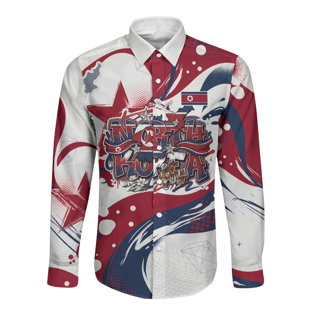 North Korea Flag Day Rise With The Flag Long Sleeve Button Shirt Dynamic Red Star Paint Splatter With Tiger
