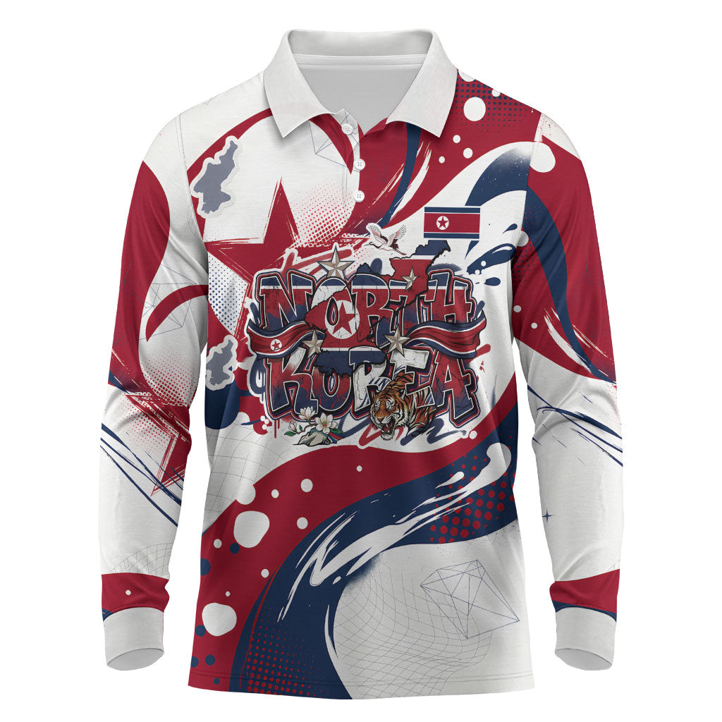 North Korea Flag Day Rise With The Flag Long Sleeve Polo Shirt Dynamic Red Star Paint Splatter With Tiger
