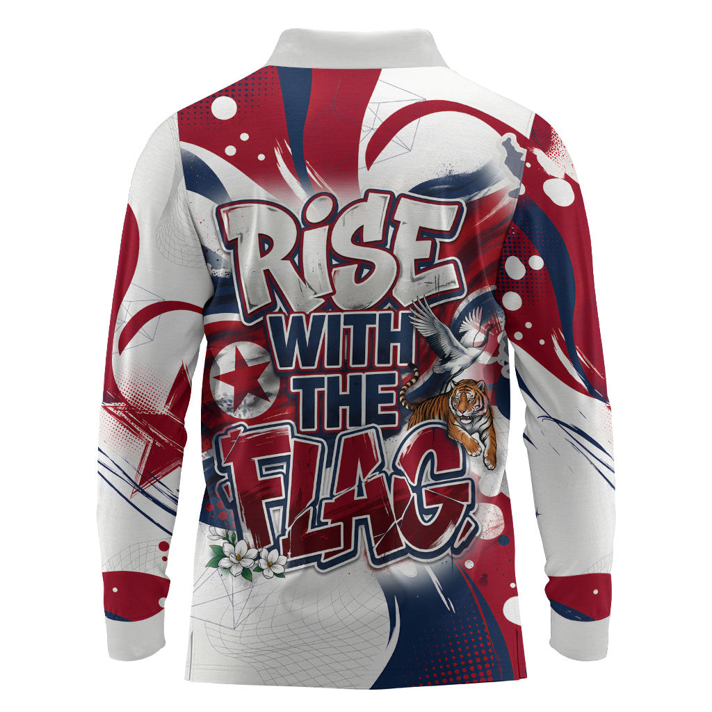 North Korea Flag Day Rise With The Flag Long Sleeve Polo Shirt Dynamic Red Star Paint Splatter With Tiger