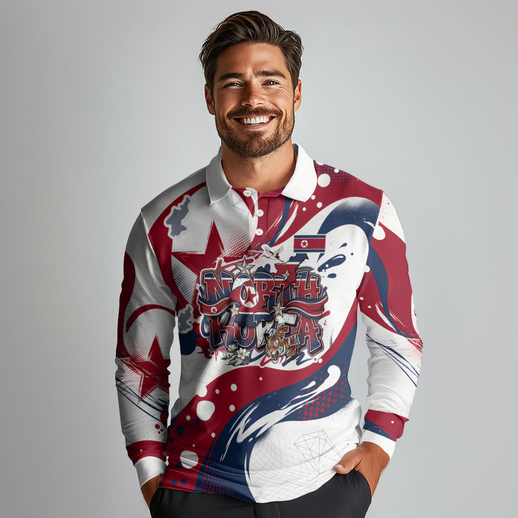 North Korea Flag Day Rise With The Flag Long Sleeve Polo Shirt Dynamic Red Star Paint Splatter With Tiger