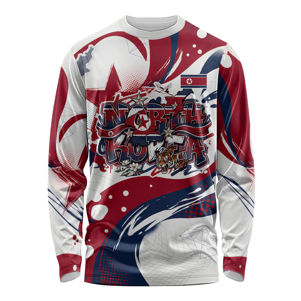 North Korea Flag Day Rise With The Flag Long Sleeve Shirt Dynamic Red Star Paint Splatter With Tiger