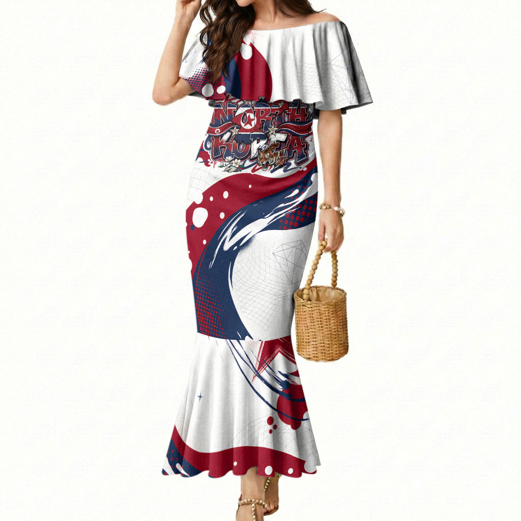 North Korea Flag Day Rise With The Flag Mermaid Dress Dynamic Red Star Paint Splatter With Tiger