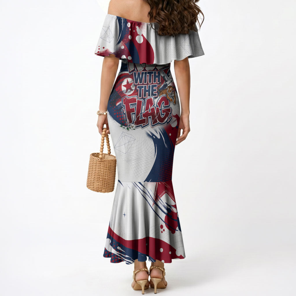 North Korea Flag Day Rise With The Flag Mermaid Dress Dynamic Red Star Paint Splatter With Tiger