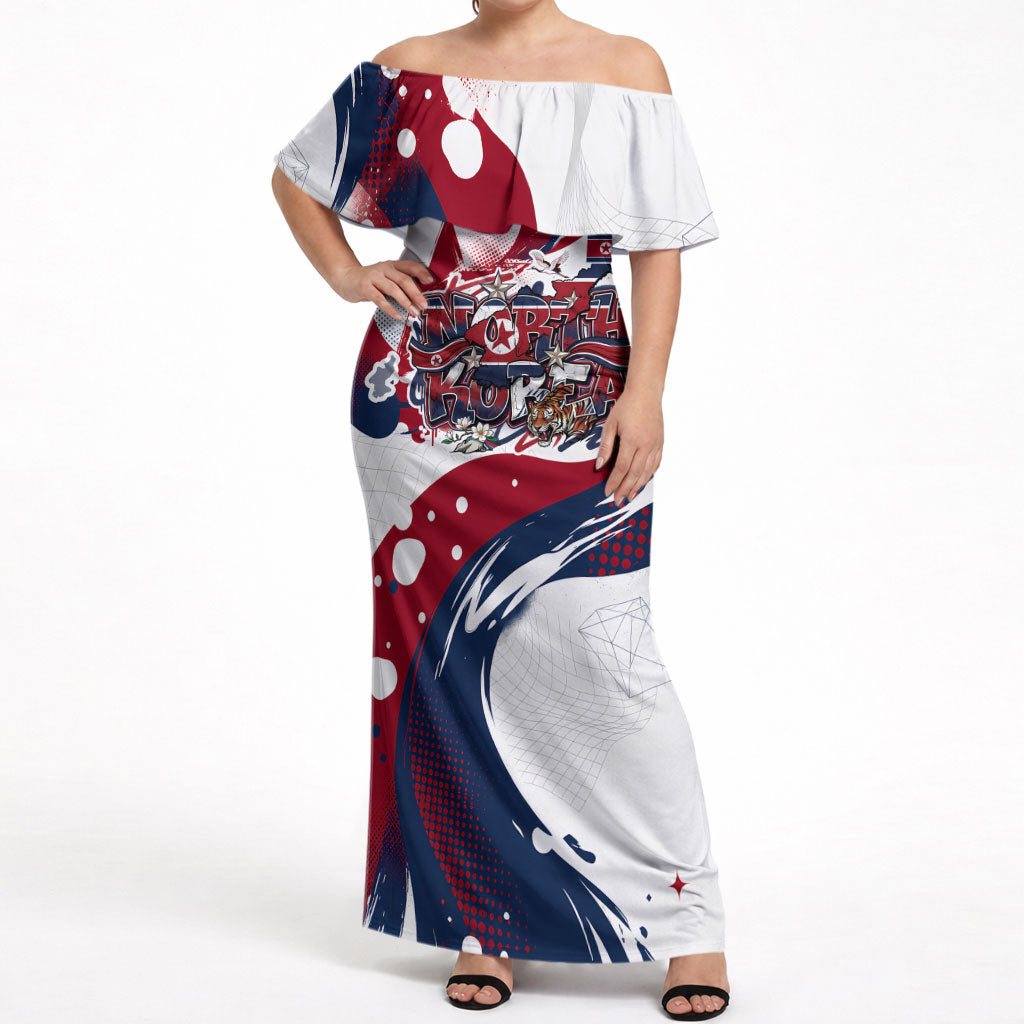 North Korea Flag Day Rise With The Flag Off Shoulder Maxi Dress Dynamic Red Star Paint Splatter With Tiger