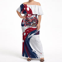 North Korea Flag Day Rise With The Flag Off Shoulder Maxi Dress Dynamic Red Star Paint Splatter With Tiger