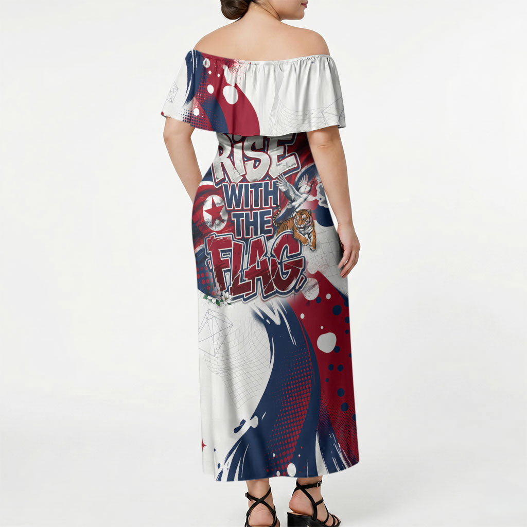 North Korea Flag Day Rise With The Flag Off Shoulder Maxi Dress Dynamic Red Star Paint Splatter With Tiger