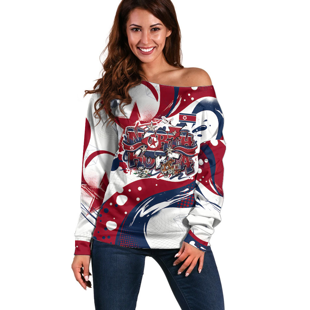 North Korea Flag Day Rise With The Flag Off Shoulder Sweater Dynamic Red Star Paint Splatter With Tiger