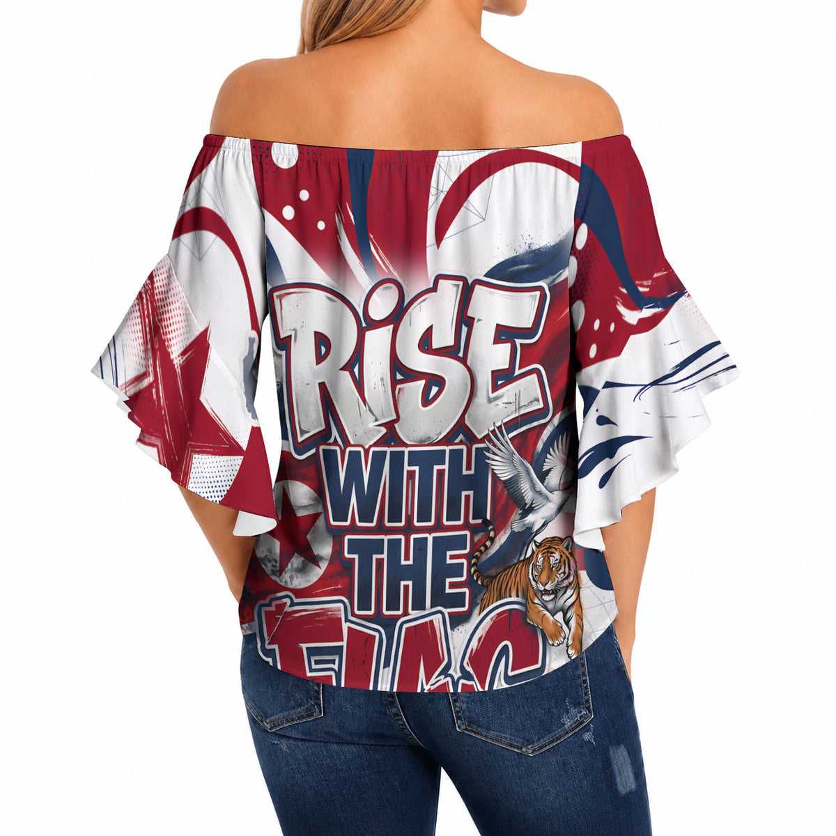North Korea Flag Day Rise With The Flag Off Shoulder Wrap Waist Top Dynamic Red Star Paint Splatter With Tiger