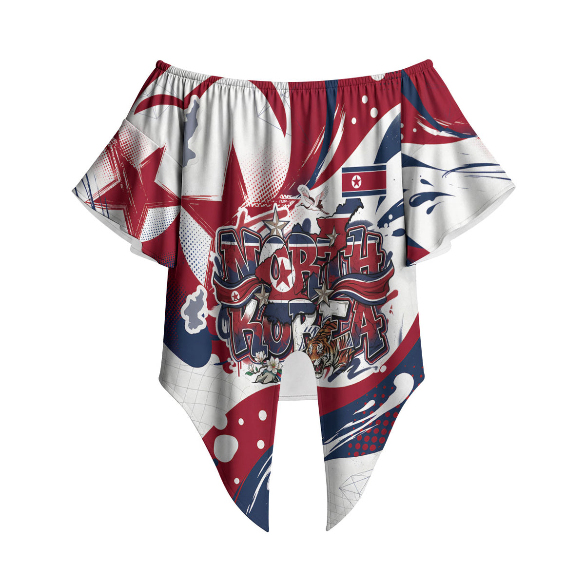 North Korea Flag Day Rise With The Flag Off Shoulder Wrap Waist Top Dynamic Red Star Paint Splatter With Tiger