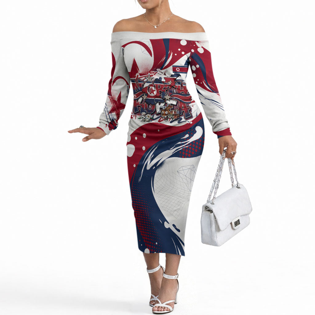 North Korea Flag Day Rise With The Flag Off The Shoulder Long Sleeve Dress Dynamic Red Star Paint Splatter With Tiger