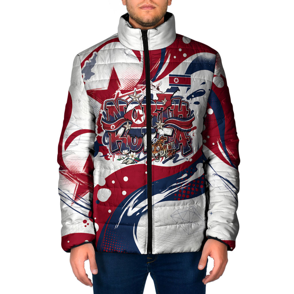 North Korea Flag Day Rise With The Flag Padded Jacket Dynamic Red Star Paint Splatter With Tiger