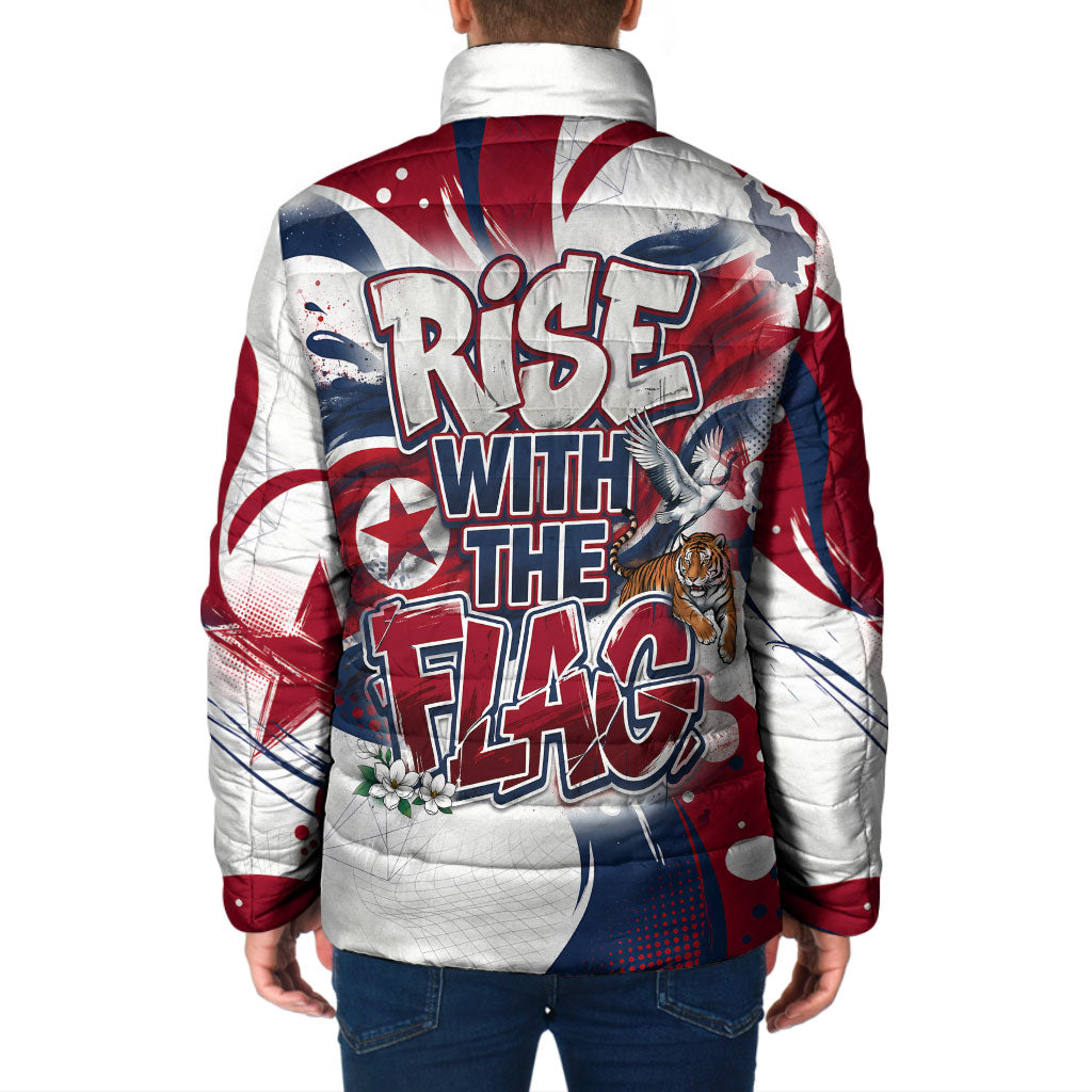 North Korea Flag Day Rise With The Flag Padded Jacket Dynamic Red Star Paint Splatter With Tiger