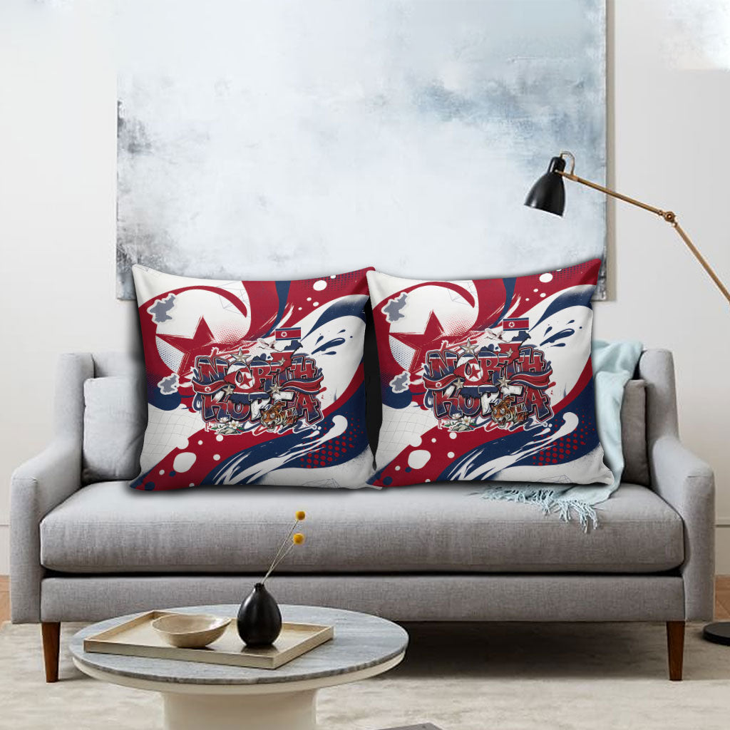 North Korea Flag Day Rise With The Flag Pillow Cover Dynamic Red Star Paint Splatter With Tiger