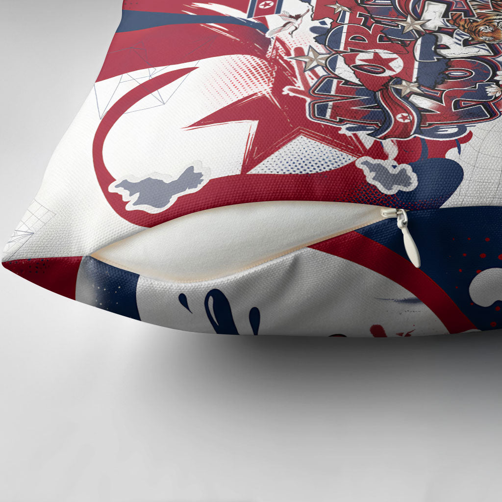 North Korea Flag Day Rise With The Flag Pillow Cover Dynamic Red Star Paint Splatter With Tiger