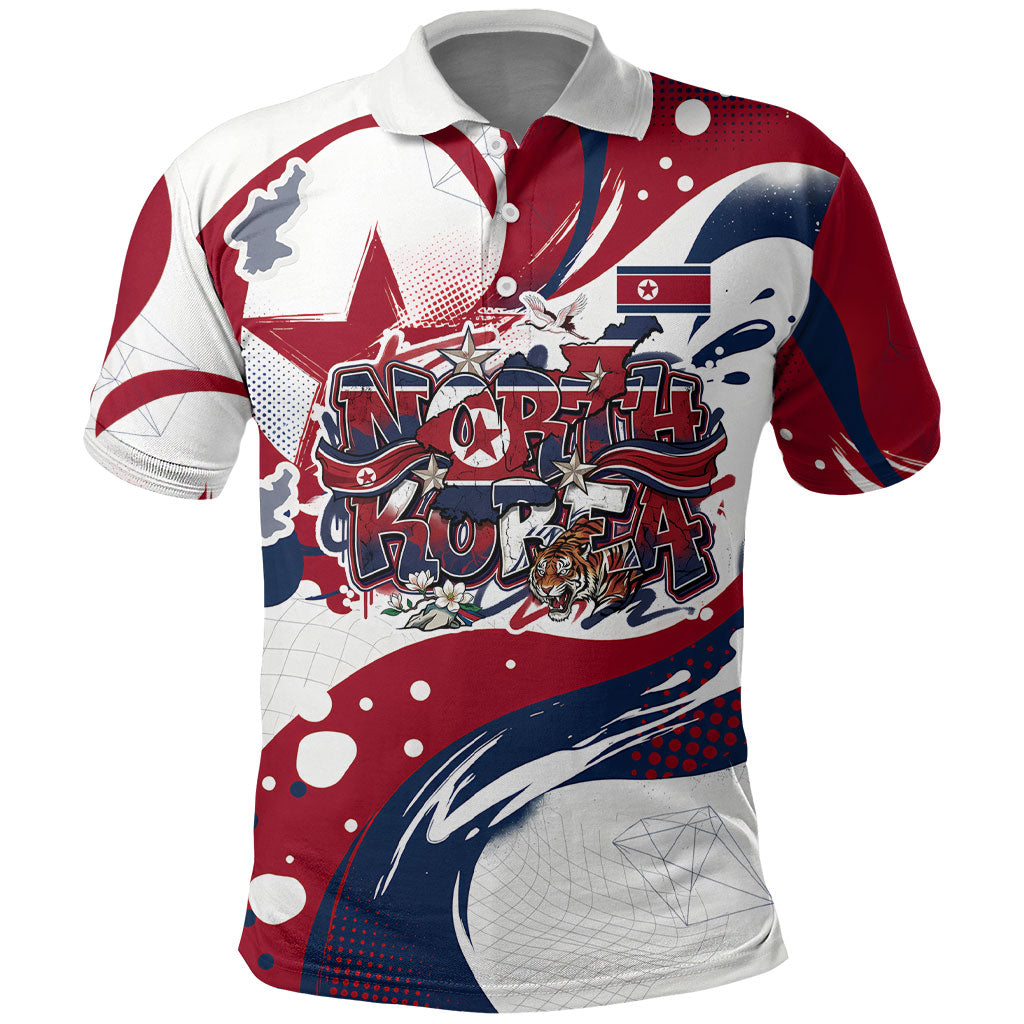 North Korea Flag Day Rise With The Flag Polo Shirt Dynamic Red Star Paint Splatter With Tiger