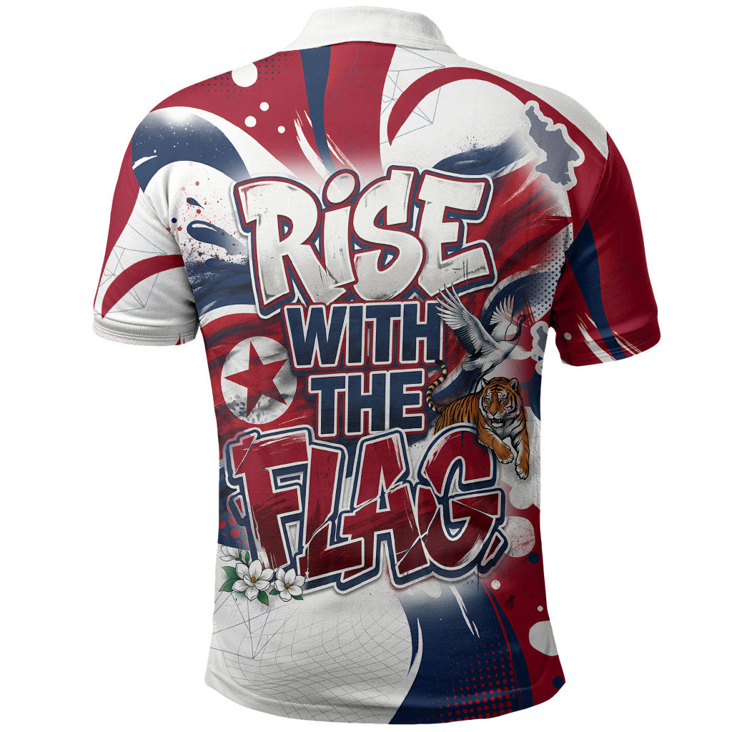 North Korea Flag Day Rise With The Flag Polo Shirt Dynamic Red Star Paint Splatter With Tiger