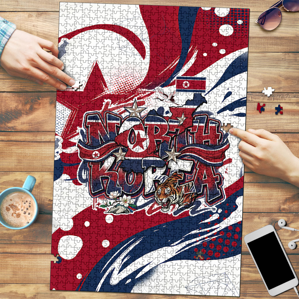 North Korea Flag Day Rise With The Flag Puzzle Dynamic Red Star Paint Splatter With Tiger