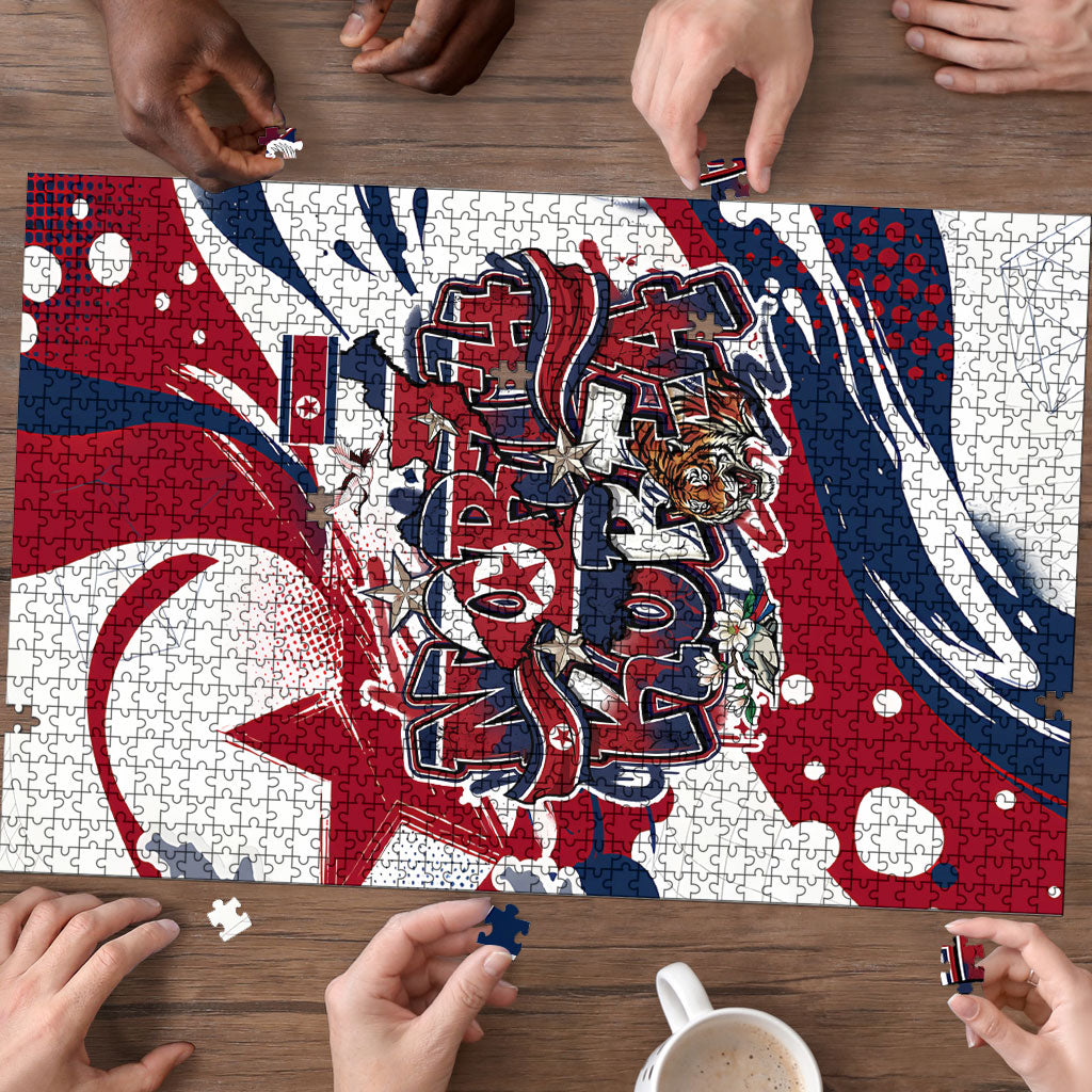 North Korea Flag Day Rise With The Flag Puzzle Dynamic Red Star Paint Splatter With Tiger