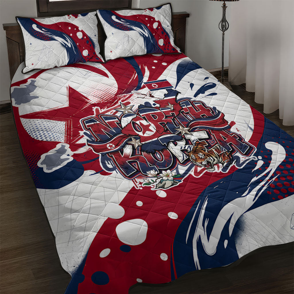 North Korea Flag Day Rise With The Flag Quilt Bed Set Dynamic Red Star Paint Splatter With Tiger