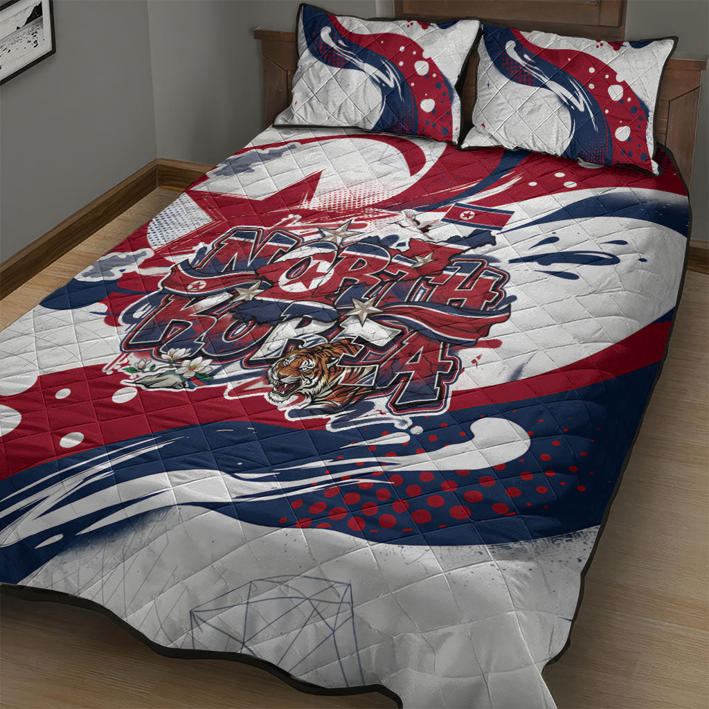 North Korea Flag Day Rise With The Flag Quilt Bed Set Dynamic Red Star Paint Splatter With Tiger
