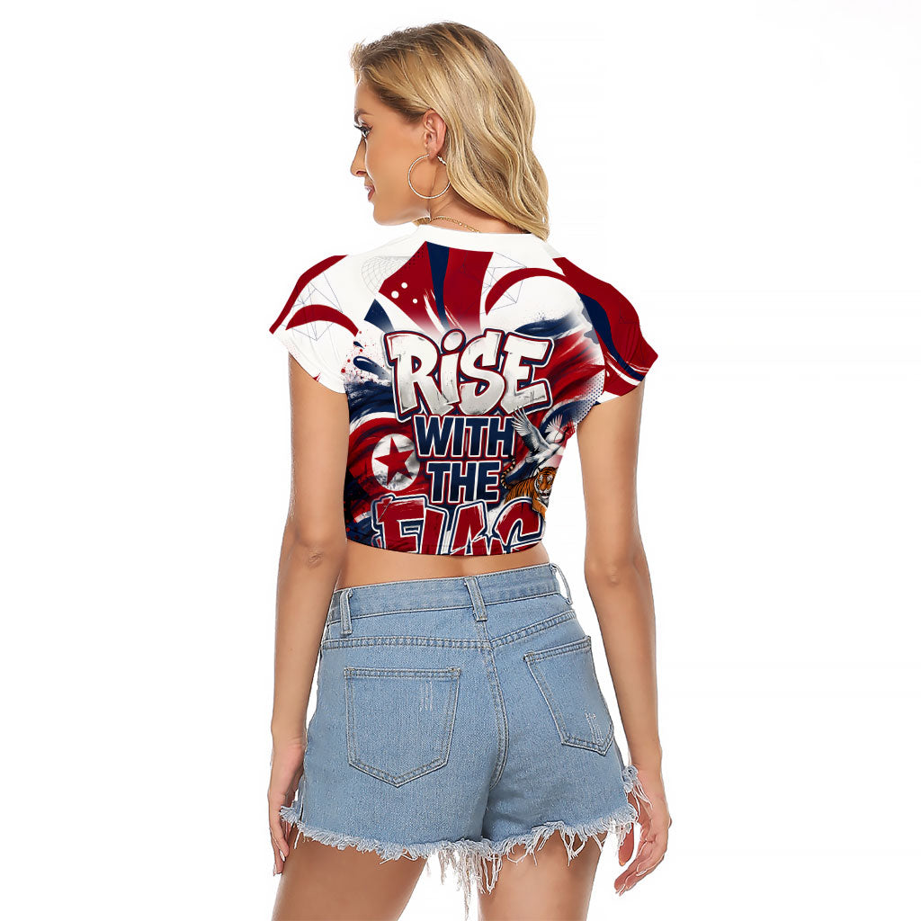 North Korea Flag Day Rise With The Flag Raglan Cropped T Shirt Dynamic Red Star Paint Splatter With Tiger