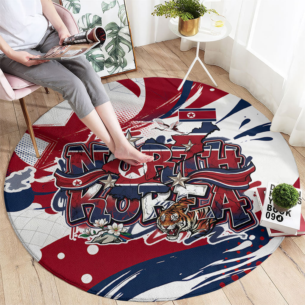 North Korea Flag Day Rise With The Flag Round Carpet Dynamic Red Star Paint Splatter With Tiger