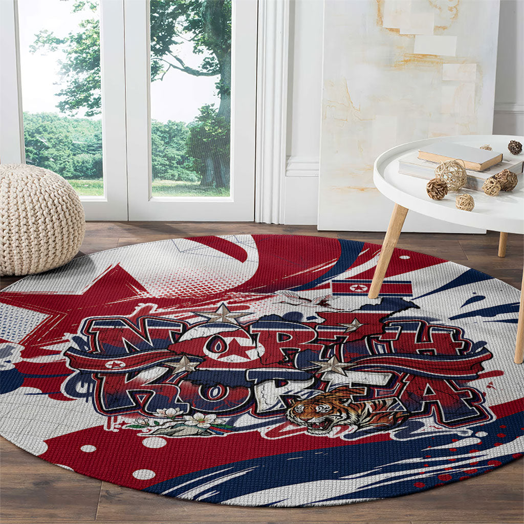 North Korea Flag Day Rise With The Flag Round Carpet Dynamic Red Star Paint Splatter With Tiger